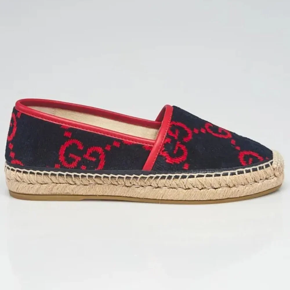 Gucci GG Logo Pilar Jute Espadrille Flat Blue Red Velvet - Picture 3 of 5